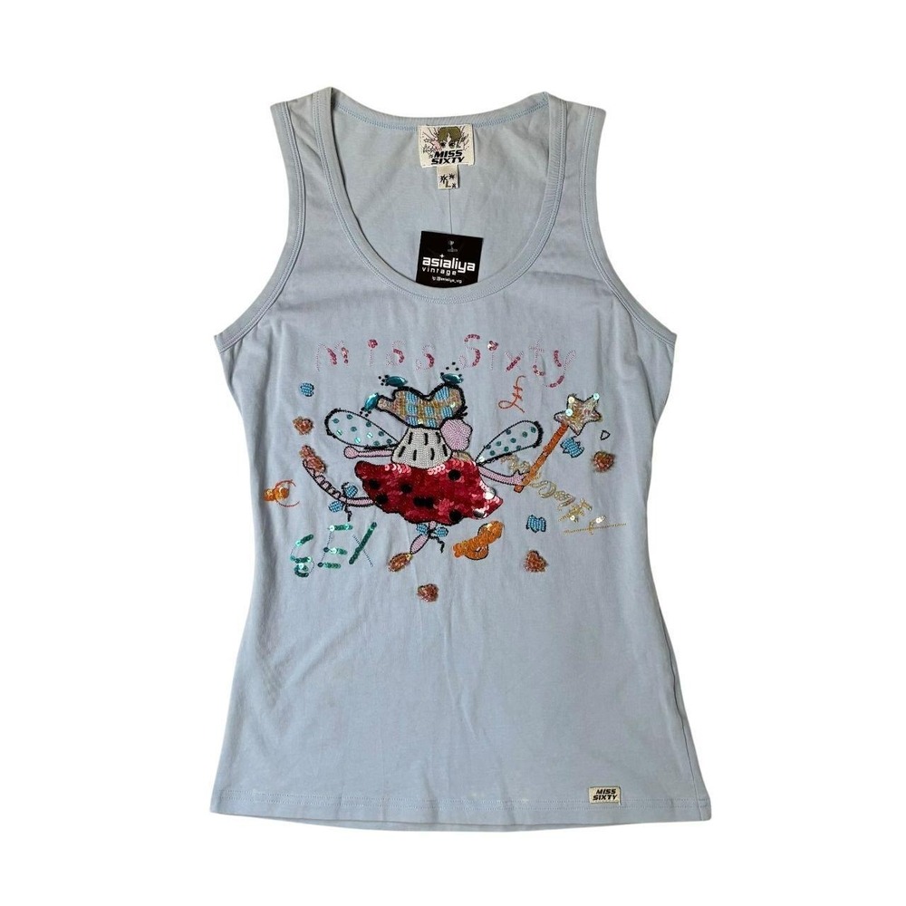 rare Miss Sixty beaded embroidered graphic tank